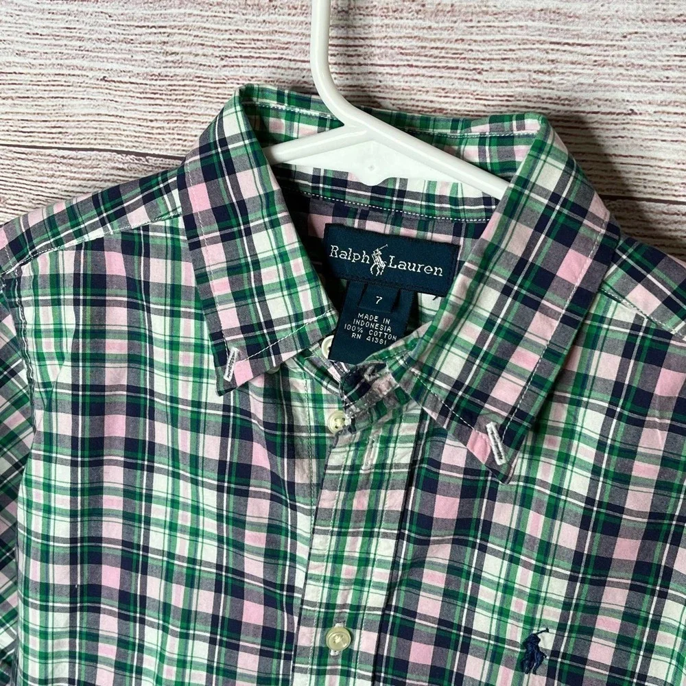 Ralph Lauren Short Sleeve Cotton Plaid Button Down Shirt Size 7
